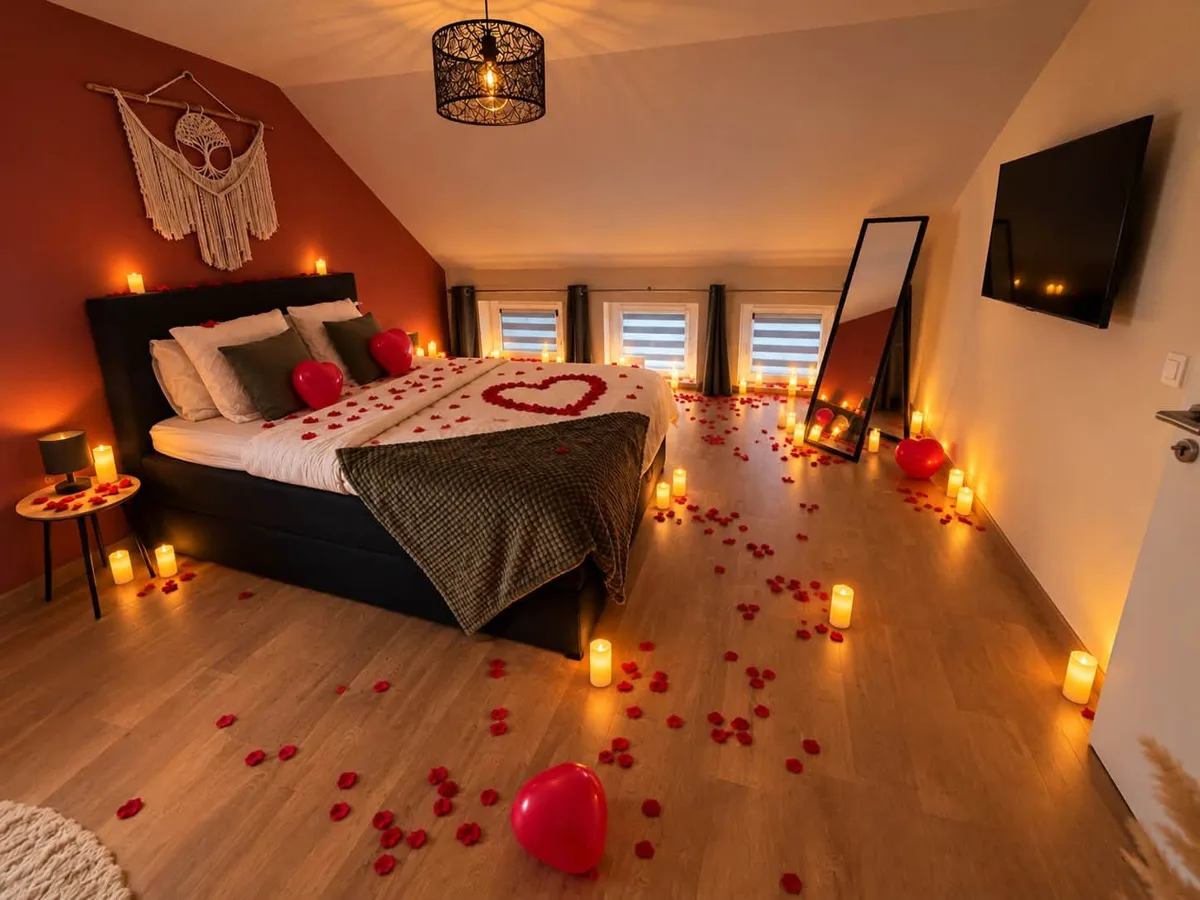 Chambre du Cocon de Pernelle décorée pour une surprise romantique : bougies, ballons cœur et pétales de rose sur le lit