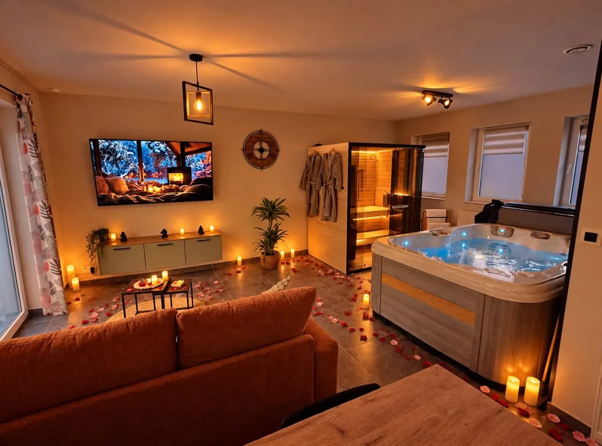 Espace bien-être avec jacuzzi et sauna privatifs décoré de bougies et de pétales de rose pour une soirée romantique à Couvin